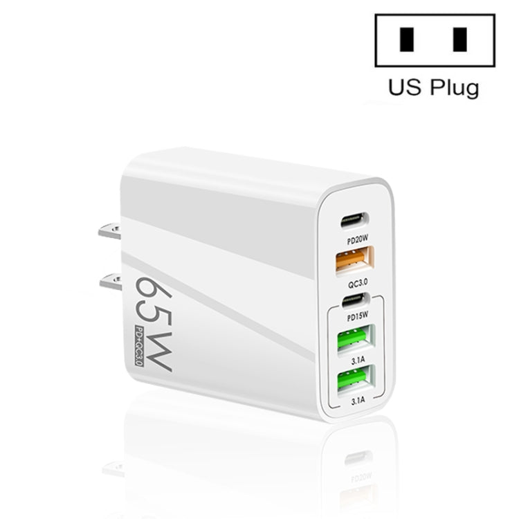 Carregador Multi Porta USB 65W Dual PD Type-C + 3 x USB para Telemóvel e Tablet, Ficha US, Ficha US