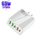 Carregador Multi Porta USB 65W Dual PD Type-C + 3 x USB para Telemóvel e Tablet, Ficha US, Ficha US