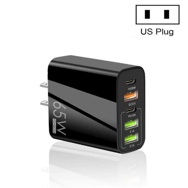 Carregador Multi Porta USB 65W Dual PD Type-C + 3 x USB para Telemóvel e Tablet, Ficha US, Ficha US