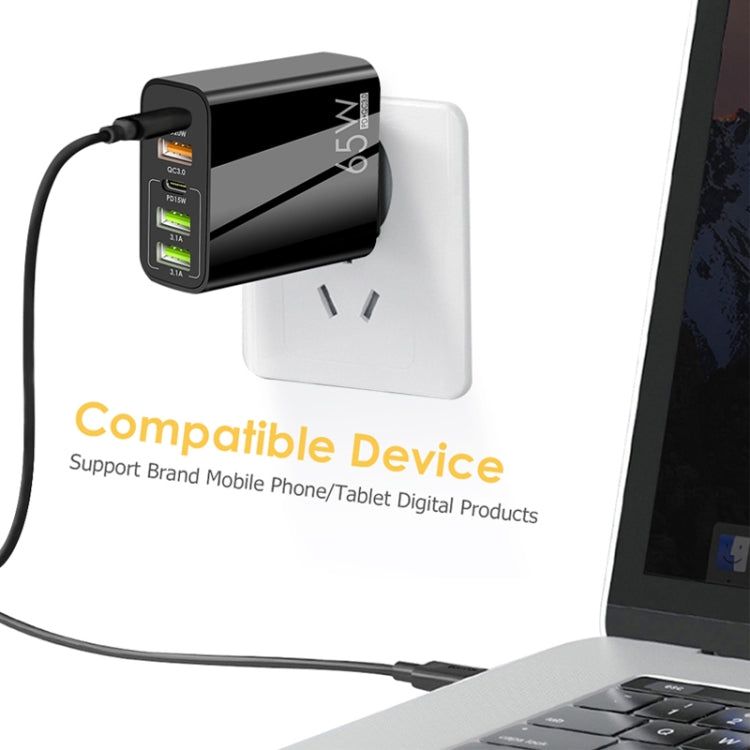 Carregador Multi Porta USB 65W Dual PD Type-C + 3 x USB para Telemóvel e Tablet, Ficha US, Ficha US