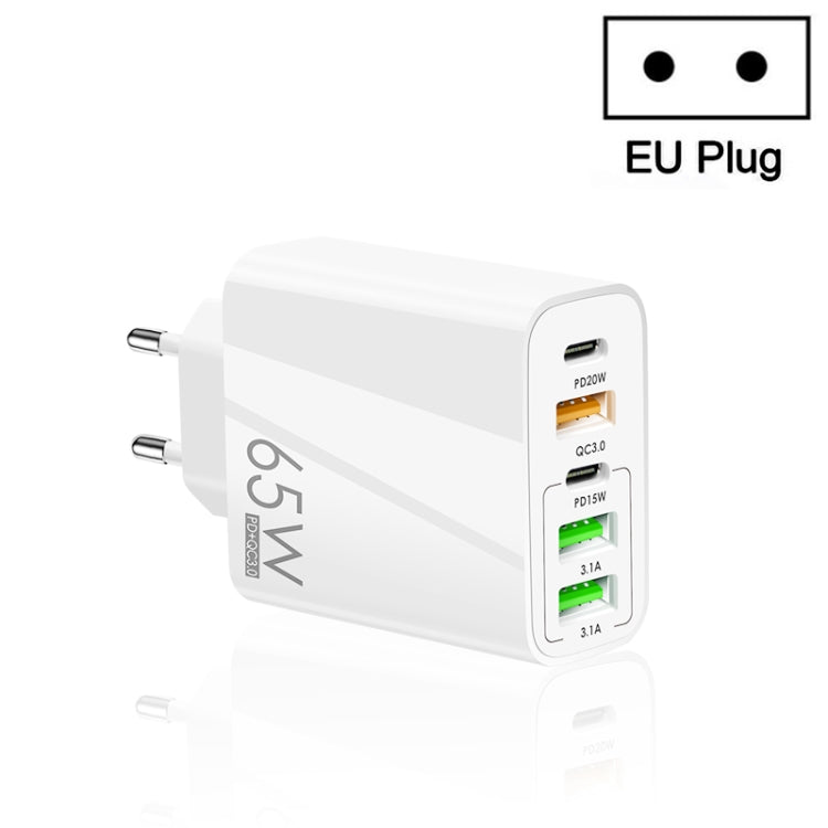 Carregador Multi Porta USB 65W Dual PD Type-C + 3 x USB para Telemóvel e Tablet, Ficha UE, Ficha UE