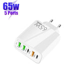 Carregador Multi Porta USB 65W Dual PD Type-C + 3 x USB para Telemóvel e Tablet, Ficha UE, Ficha UE