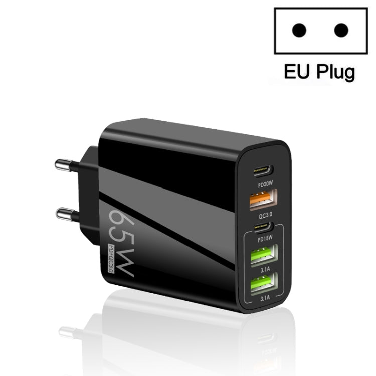 Carregador Multi Porta USB 65W Dual PD Type-C + 3 x USB para Telemóvel e Tablet, Ficha UE, Ficha UE