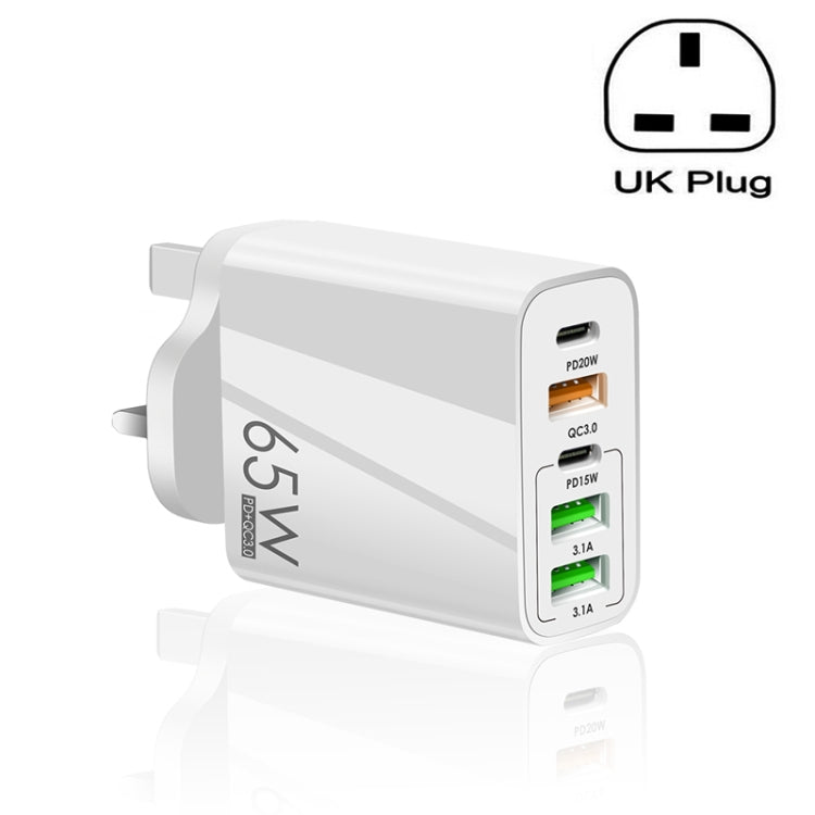 Carregador Multi Porta USB 65W Dual PD Type-C + 3 x USB para Telemóvel e Tablet, Ficha UK, Ficha UK