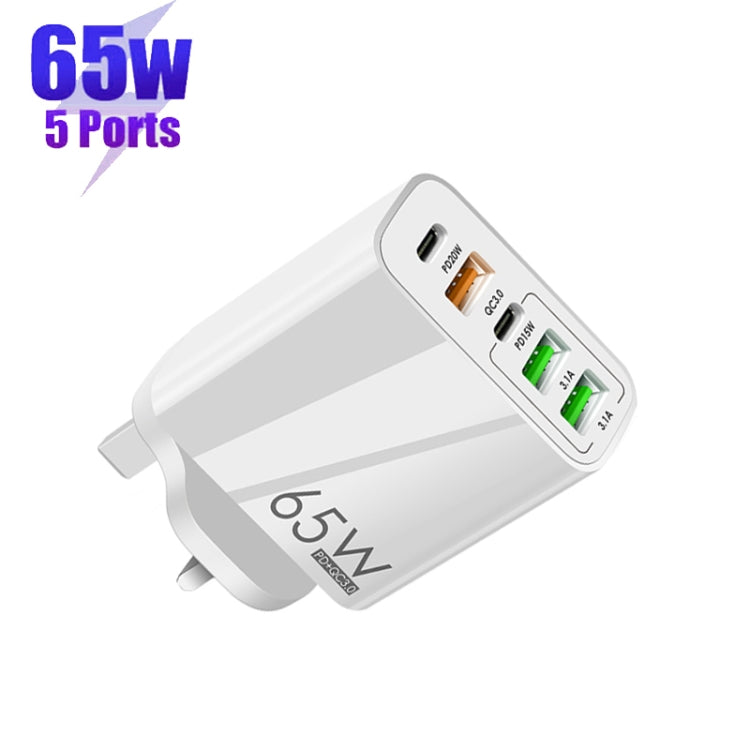 Carregador Multi Porta USB 65W Dual PD Type-C + 3 x USB para Telemóvel e Tablet, Ficha UK, Ficha UK