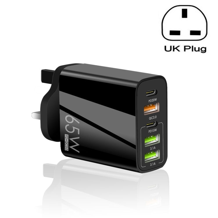 Carregador Multi Porta USB 65W Dual PD Type-C + 3 x USB para Telemóvel e Tablet, Ficha UK, Ficha UK