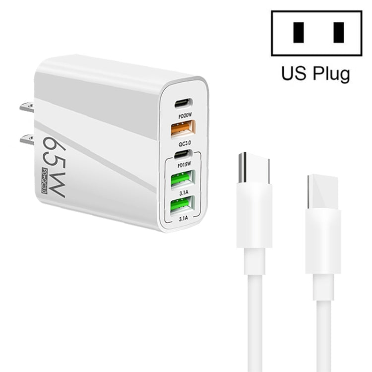 Carregador Multi Porta 65W Dual PD Type-C + 3 x USB com Cabo de Dados Type-C para Type-C 3A, Ficha US, Ficha US + Cabo Type-C para Type-C