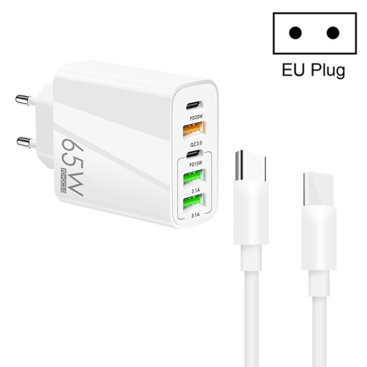 Carregador Multi Porta 65W com Duplo PD Type-C + 3 x USB com Cabo de Dados Type-C 3A para Type-C, Ficha EUA, Ficha UE + Cabo Type-C para Type-C