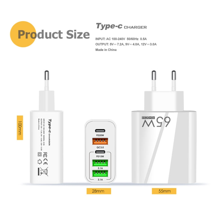 65W Dual PD Type-C + 3 x USB Multi Port Charger with 3A Type-C to Type-C Data Cable, US Plug, EU Plug + Type-C to Type-C Cable