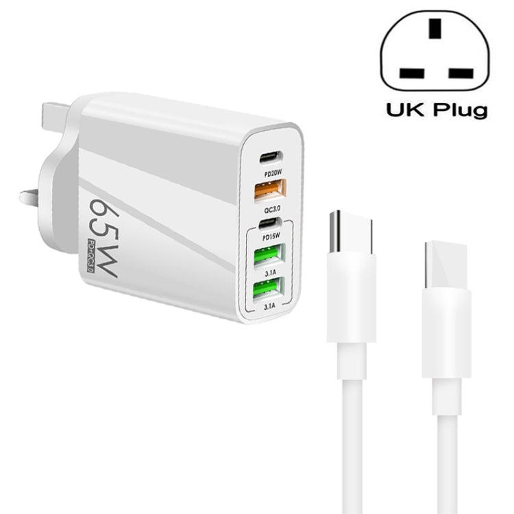 Carregador Multi Porta 65W Dual PD Type-C + 3 x USB com Cabo de Dados Type-C para Type-C 3A, Ficha UK, Ficha UK + Cabo Type-C para Type-C