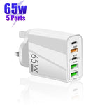 Carregador Multi Porta 65W Dual PD Type-C + 3 x USB com Cabo de Dados Type-C para Type-C 3A, Ficha UK, Ficha UK + Cabo Type-C para Type-C