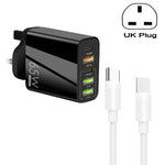 Carregador Multi Porta 65W Dual PD Type-C + 3 x USB com Cabo de Dados Type-C para Type-C 3A, Ficha UK, Ficha UK + Cabo Type-C para Type-C