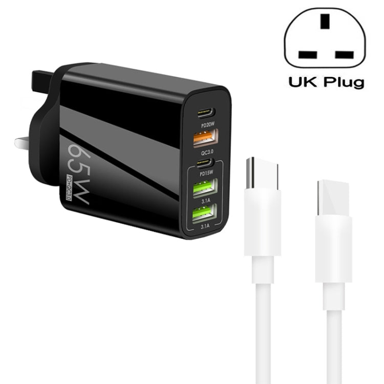 Carregador Multi Porta 65W Dual PD Type-C + 3 x USB com Cabo de Dados Type-C para Type-C 3A, Ficha UK, Ficha UK + Cabo Type-C para Type-C