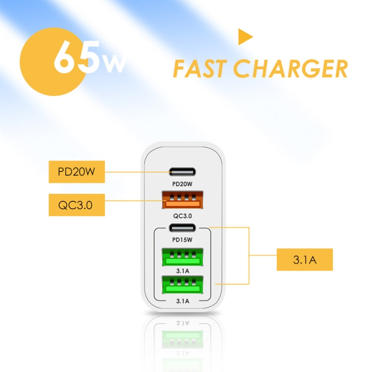 Carregador Multi Porta 65W Dual PD Type-C + 3 x USB com Cabo de Dados Type-C para Type-C 3A, Ficha UK, Ficha UK + Cabo Type-C para Type-C