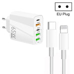 Carregador Multi Porta USB 65W Dual PD Type-C + 3 x USB com Cabo de Dados 3A Type-C para 8 Pinos, Ficha UE, Ficha UE + Cabo Type-C para 8 Pinos