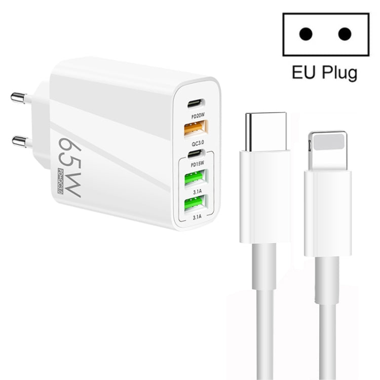 Carregador Multi Porta USB 65W Dual PD Type-C + 3 x USB com Cabo de Dados 3A Type-C para 8 Pinos, Ficha UE, Ficha UE + Cabo Type-C para 8 Pinos