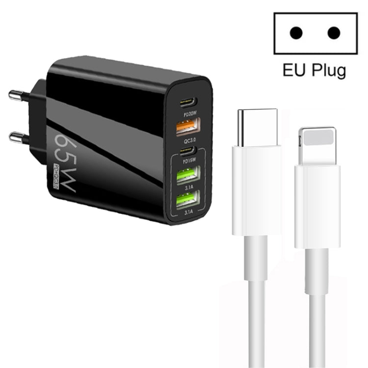 Carregador Multi Porta USB 65W Dual PD Type-C + 3 x USB com Cabo de Dados 3A Type-C para 8 Pinos, Ficha UE, Ficha UE + Cabo Type-C para 8 Pinos