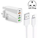 Carregador Multi Porta USB 65W Dual PD Type-C + 3 x USB com Cabo de Dados 3A USB para 8 Pinos, Ficha UK, Ficha UK + Cabo USB para 8 Pinos