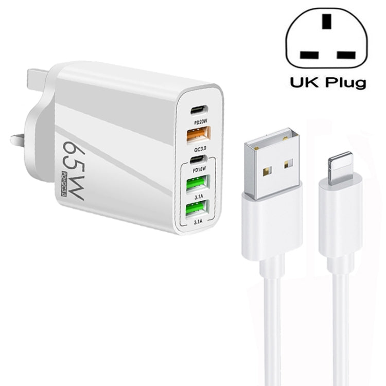 Carregador Multi Porta USB 65W Dual PD Type-C + 3 x USB com Cabo de Dados 3A USB para 8 Pinos, Ficha UK, Ficha UK + Cabo USB para 8 Pinos