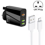 Carregador Multi Porta USB 65W Dual PD Type-C + 3 x USB com Cabo de Dados 3A USB para 8 Pinos, Ficha UK, Ficha UK + Cabo USB para 8 Pinos
