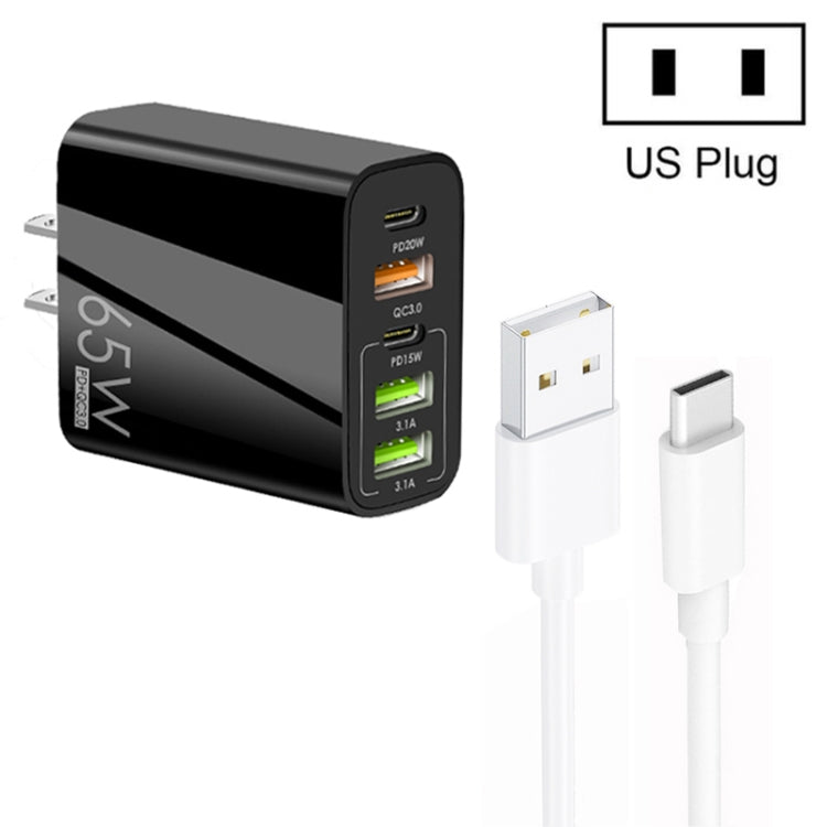 Carregador Multi Porta 65W Dual PD Type-C + 3 x USB com Cabo de Dados USB para Type-C 3A, Ficha US, Ficha US + Cabo USB para Type-C