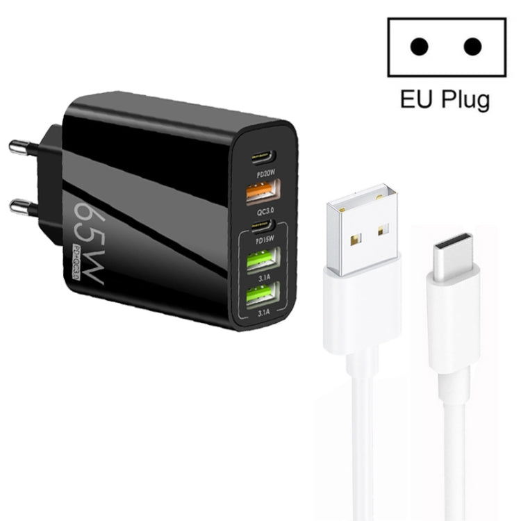 Carregador Multi Porta 65W Dual PD Type-C + 3 x USB com Cabo de Dados USB para Type-C 3A, Ficha EU, Ficha EU + Cabo USB para Type-C