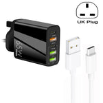 Carregador Multi Porta 65W Dual PD Type-C + 3 x USB com Cabo de Dados USB para Type-C 3A, Ficha UK, Ficha UK + Cabo USB para Type-C