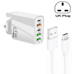 Carregador Multi Porta 65W Dual PD Type-C + 3 x USB com Cabo de Dados USB para Type-C 3A, Ficha UK, Ficha UK + Cabo USB para Type-C