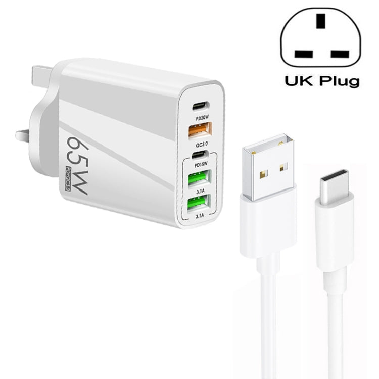 Carregador Multi Porta 65W Dual PD Type-C + 3 x USB com Cabo de Dados USB para Type-C 3A, Ficha UK, Ficha UK + Cabo USB para Type-C