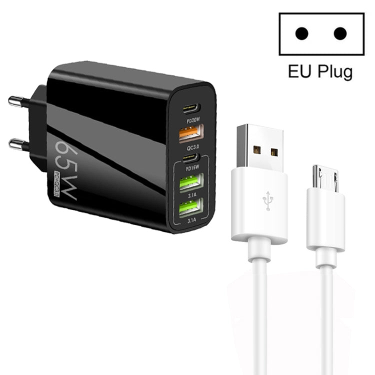 Carregador Multi Porta 65W Dual PD Type-C + 3 x USB com Cabo de Dados USB para Micro USB 3A, Ficha EU, Ficha EU + Cabo USB para Micro USB
