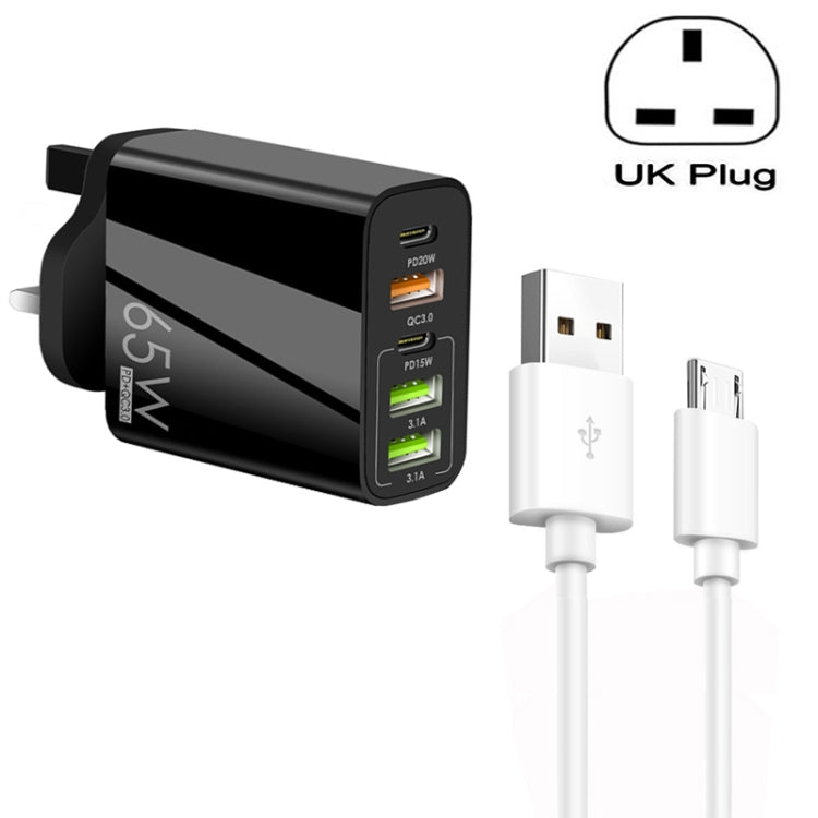 Carregador Multi Porta 65W Dual PD Type-C + 3 x USB com Cabo de Dados USB para Micro USB 3A, Ficha UK, Ficha UK + Cabo USB para Micro USB