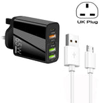 Carregador Multi Porta 65W Dual PD Type-C + 3 x USB com Cabo de Dados USB para Micro USB 3A, Ficha UK, Ficha UK + Cabo USB para Micro USB