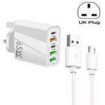 Carregador Multi Porta 65W Dual PD Type-C + 3 x USB com Cabo de Dados USB para Micro USB 3A, Ficha UK, Ficha UK + Cabo USB para Micro USB
