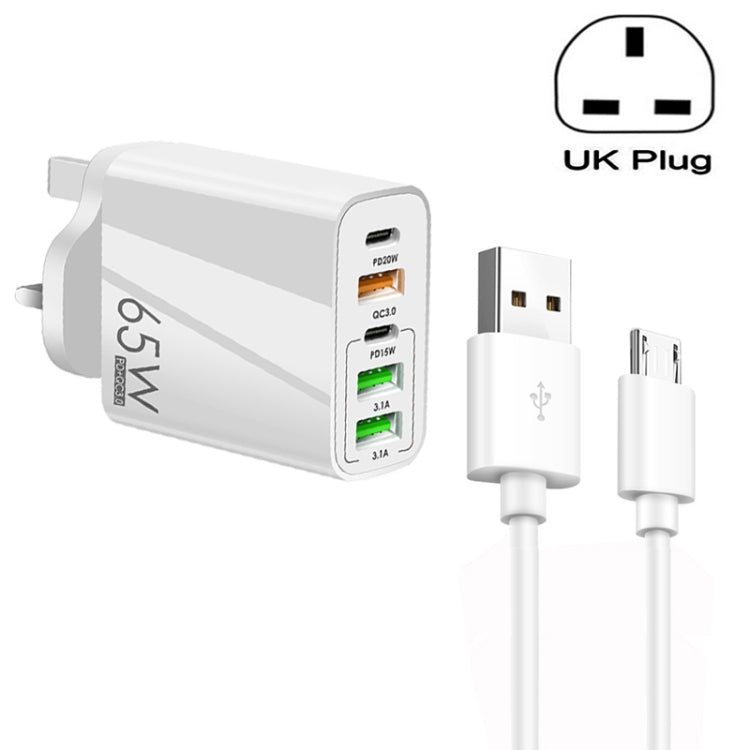 Carregador Multi Porta 65W Dual PD Type-C + 3 x USB com Cabo de Dados USB para Micro USB 3A, Ficha UK, Ficha UK + Cabo USB para Micro USB
