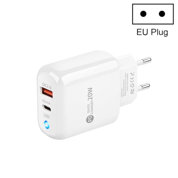 Carregador de Telemóvel PD04 PD20W + QC18W com Indicador LED, Ficha UE, Ficha UE