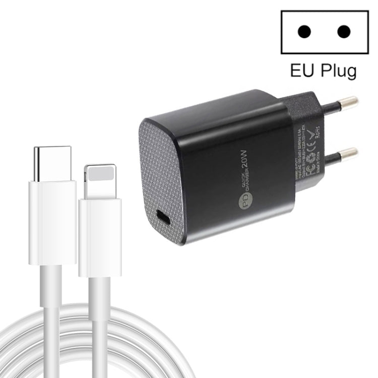 Carregador Rápido PD11 Porta Única PD3.0 USB-C / Type-C 20W com Cabo de Dados 1m Type-C para 8 Pinos, Ficha UE, Ficha UE + Cabo Type-C para 8 Pinos