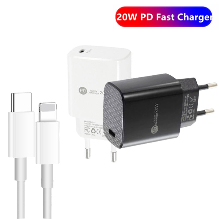 Carregador Rápido PD11 Porta Única PD3.0 USB-C / Type-C 20W com Cabo de Dados 1m Type-C para 8 Pinos, Ficha UE, Ficha UE + Cabo Type-C para 8 Pinos