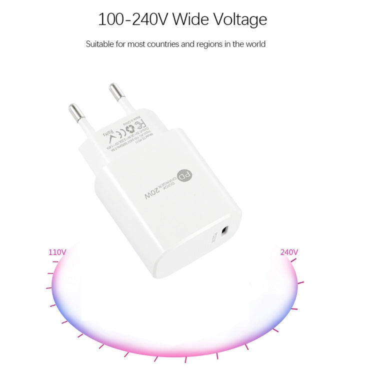 Carregador Rápido PD11 Porta Única PD3.0 USB-C / Type-C 20W com Cabo de Dados 1m Type-C para 8 Pinos, Ficha UE, Ficha UE + Cabo Type-C para 8 Pinos