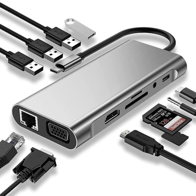 Hub USB C, adaptador USB C 11 em 1 com HDMI 4K, VGA, Type C PD, USB3.0, Ethernet RJ45, Leitor de Cartões SD/TF, AUX 3,5 mm, estação de ancoragem compatível com MacBook Pro/Air e outros dispositivos portáteis Type C