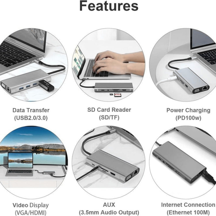 Hub USB C, adaptador USB C 11 em 1 com HDMI 4K, VGA, Type C PD, USB3.0, Ethernet RJ45, Leitor de Cartões SD/TF, AUX 3,5 mm, estação de ancoragem compatível com MacBook Pro/Air e outros dispositivos portáteis Type C