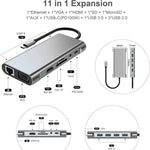 Hub USB C, adaptador USB C 11 em 1 com HDMI 4K, VGA, Type C PD, USB3.0, Ethernet RJ45, Leitor de Cartões SD/TF, AUX 3,5 mm, estação de ancoragem compatível com MacBook Pro/Air e outros dispositivos portáteis Type C