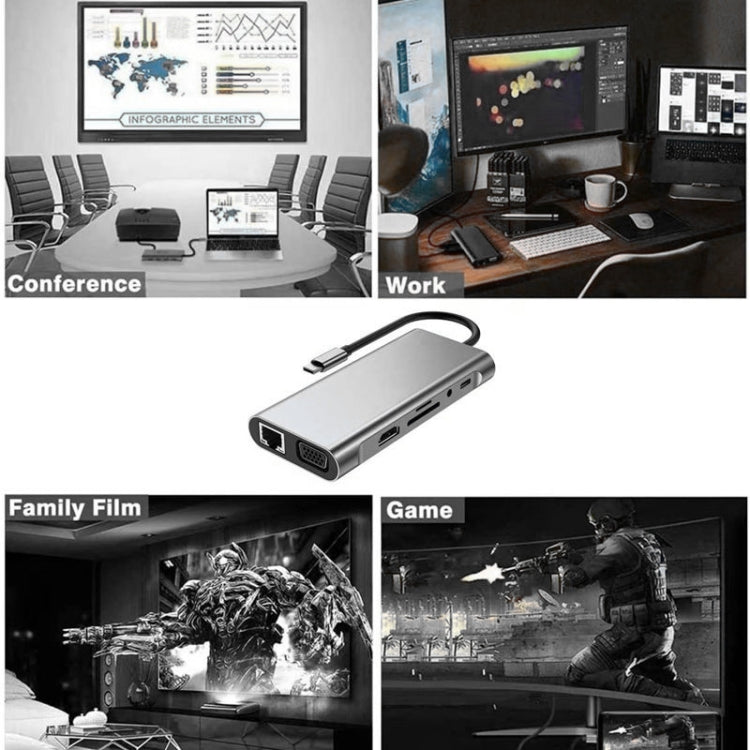 Hub USB C, adaptador USB C 11 em 1 com HDMI 4K, VGA, Type C PD, USB3.0, Ethernet RJ45, Leitor de Cartões SD/TF, AUX 3,5 mm, estação de ancoragem compatível com MacBook Pro/Air e outros dispositivos portáteis Type C