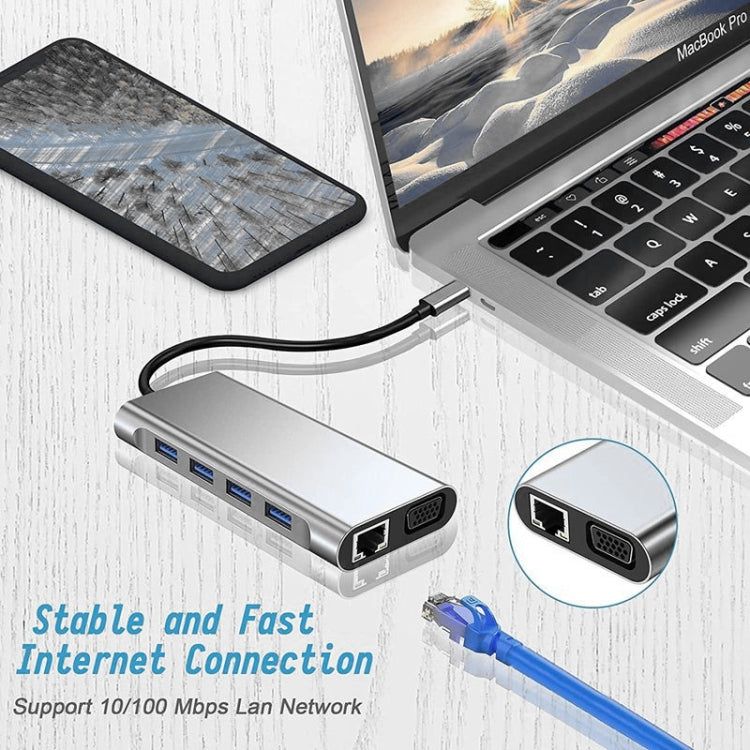 Hub USB C, adaptador USB C 11 em 1 com HDMI 4K, VGA, Type C PD, USB3.0, Ethernet RJ45, Leitor de Cartões SD/TF, AUX 3,5 mm, estação de ancoragem compatível com MacBook Pro/Air e outros dispositivos portáteis Type C