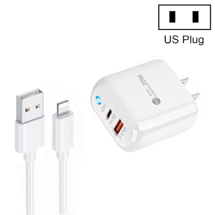 Carregador de Telemóvel PD04 Type-C + USB com Cabo USB para 8 Pinos, Ficha US, Ficha US + Cabo USB para 8 Pinos