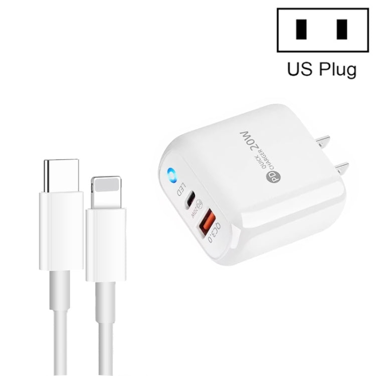 Carregador de Telemóvel PD04 Type-C + USB com Cabo Type-C para 8 Pinos, Ficha US, Ficha US + Cabo Type-C para 8 Pinos