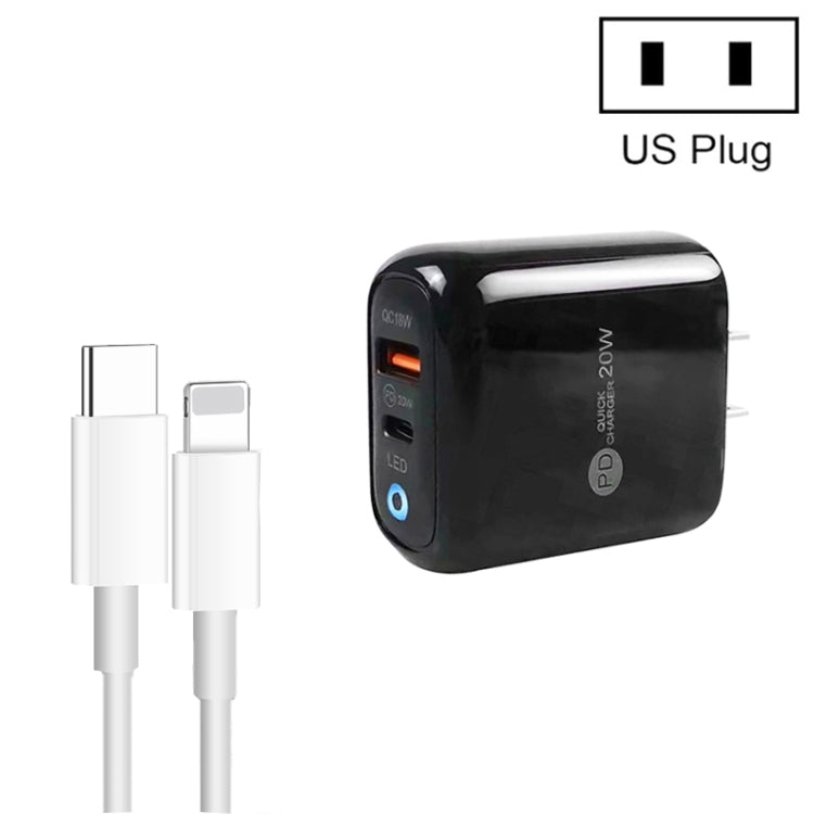 Carregador de Telemóvel PD04 Type-C + USB com Cabo Type-C para 8 Pinos, Ficha US, Ficha US + Cabo Type-C para 8 Pinos