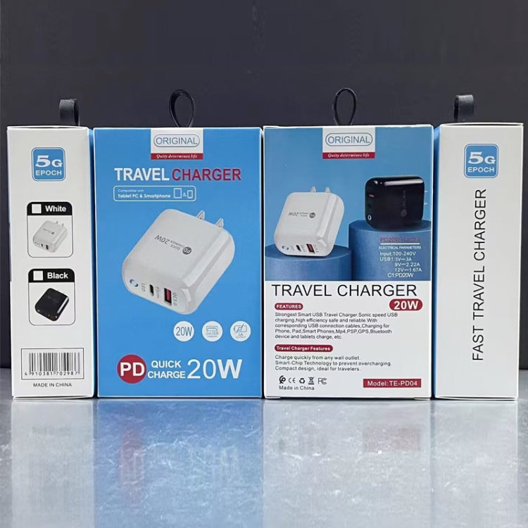 Carregador de Telemóvel PD04 Type-C + USB com Cabo Type-C para 8 Pinos, Ficha US, Ficha US + Cabo Type-C para 8 Pinos