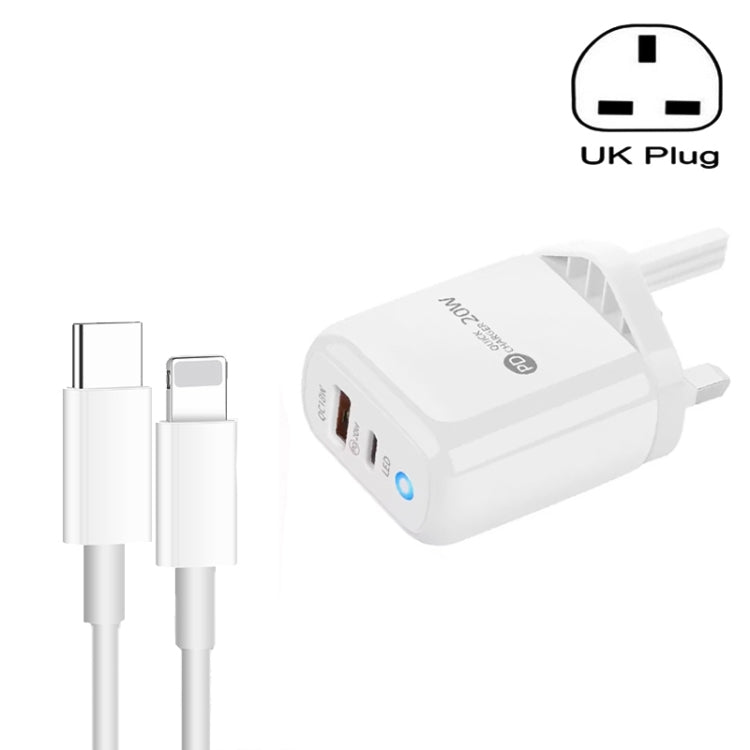 Carregador de Telemóvel PD04 Type-C + USB com Cabo Type-C para 8 Pinos, Ficha UK, Ficha UK + Cabo Type-C para 8 Pinos