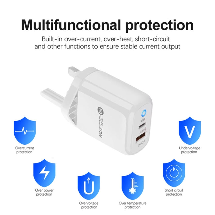 Carregador de Telemóvel PD04 Type-C + USB com Cabo Type-C para 8 Pinos, Ficha UK, Ficha UK + Cabo Type-C para 8 Pinos