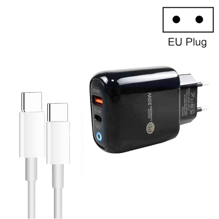PD04 Carregador de Telemóvel Type-C + USB com Cabo Type-C para Type-C, Ficha EU, Ficha EU + Cabo Type-C para Type-C